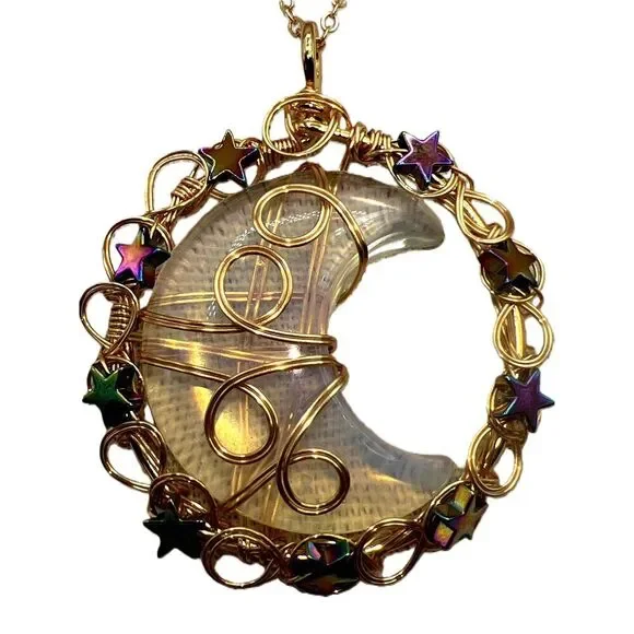 New Opal Copper Wire Wrapped Moon Pendant Gold Tone Necklace - Picture 3 of 13